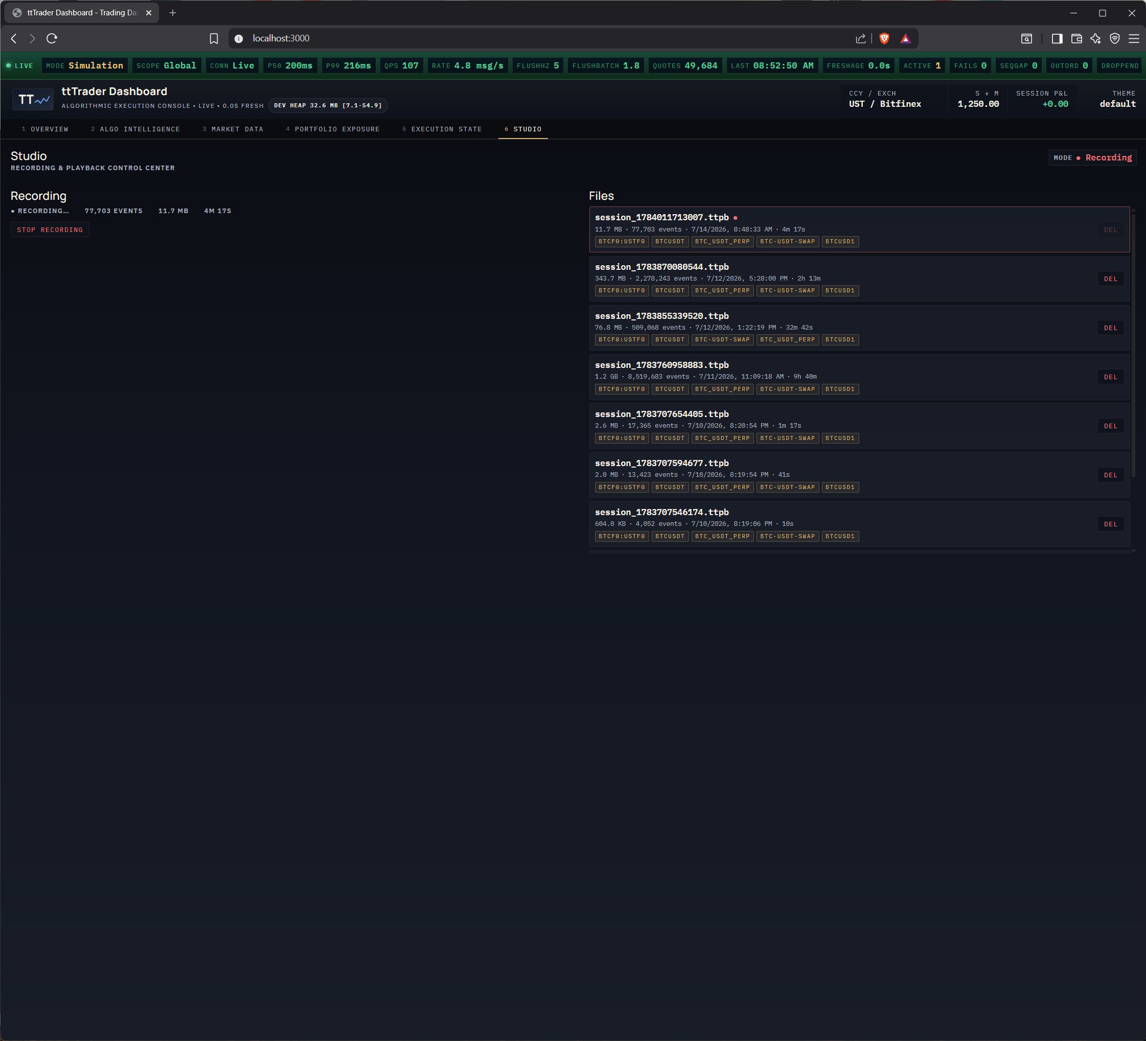 Studio Dashboard — ttTrader recording & playback